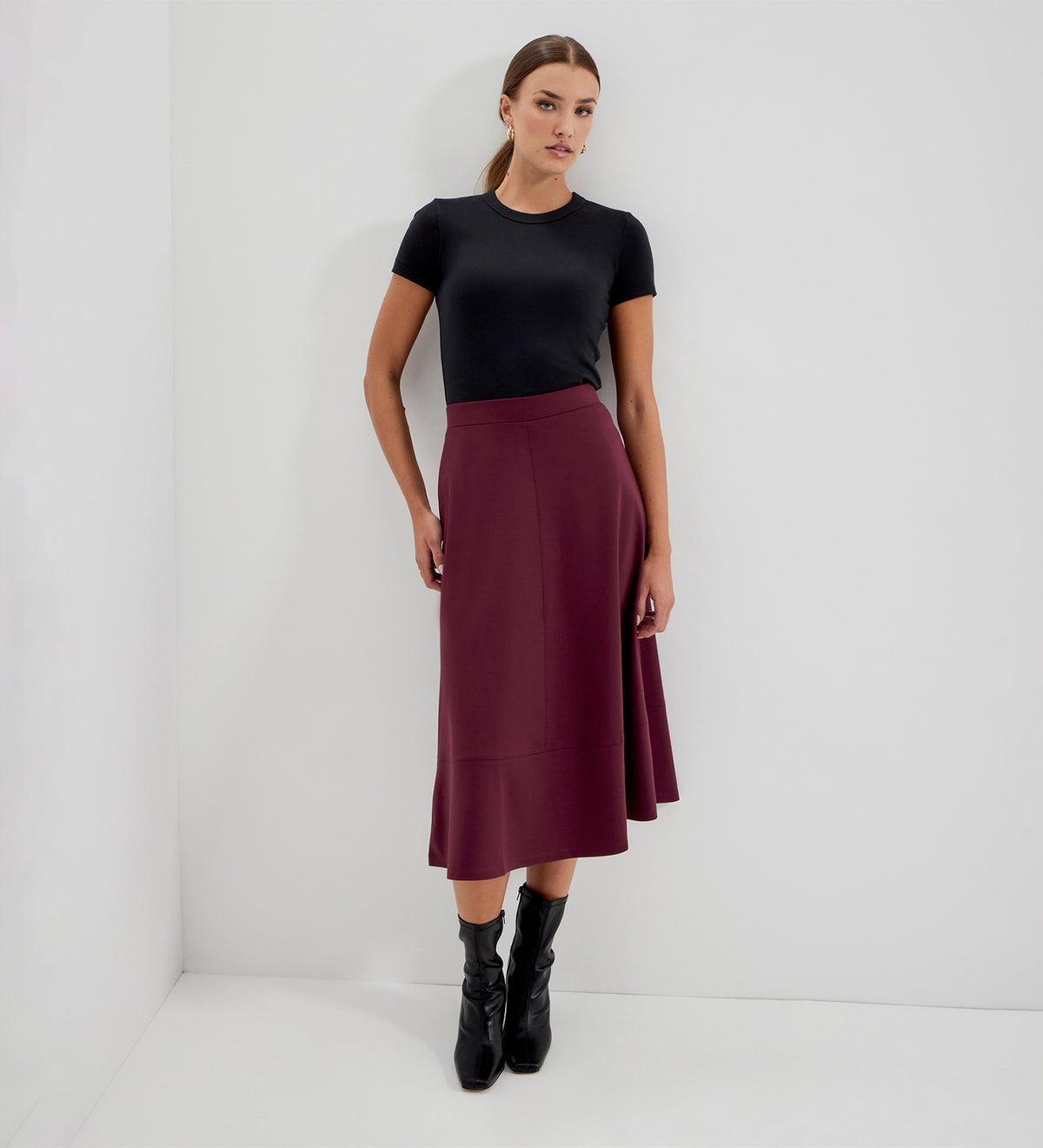 Mikia Burgundy Ponte Jersey Panelled A-Line Midi Skirt