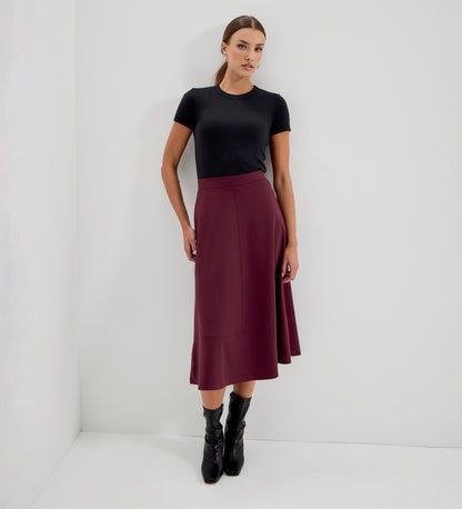 Mikia Burgundy Ponte Jersey Panelled A-Line Midi Skirt