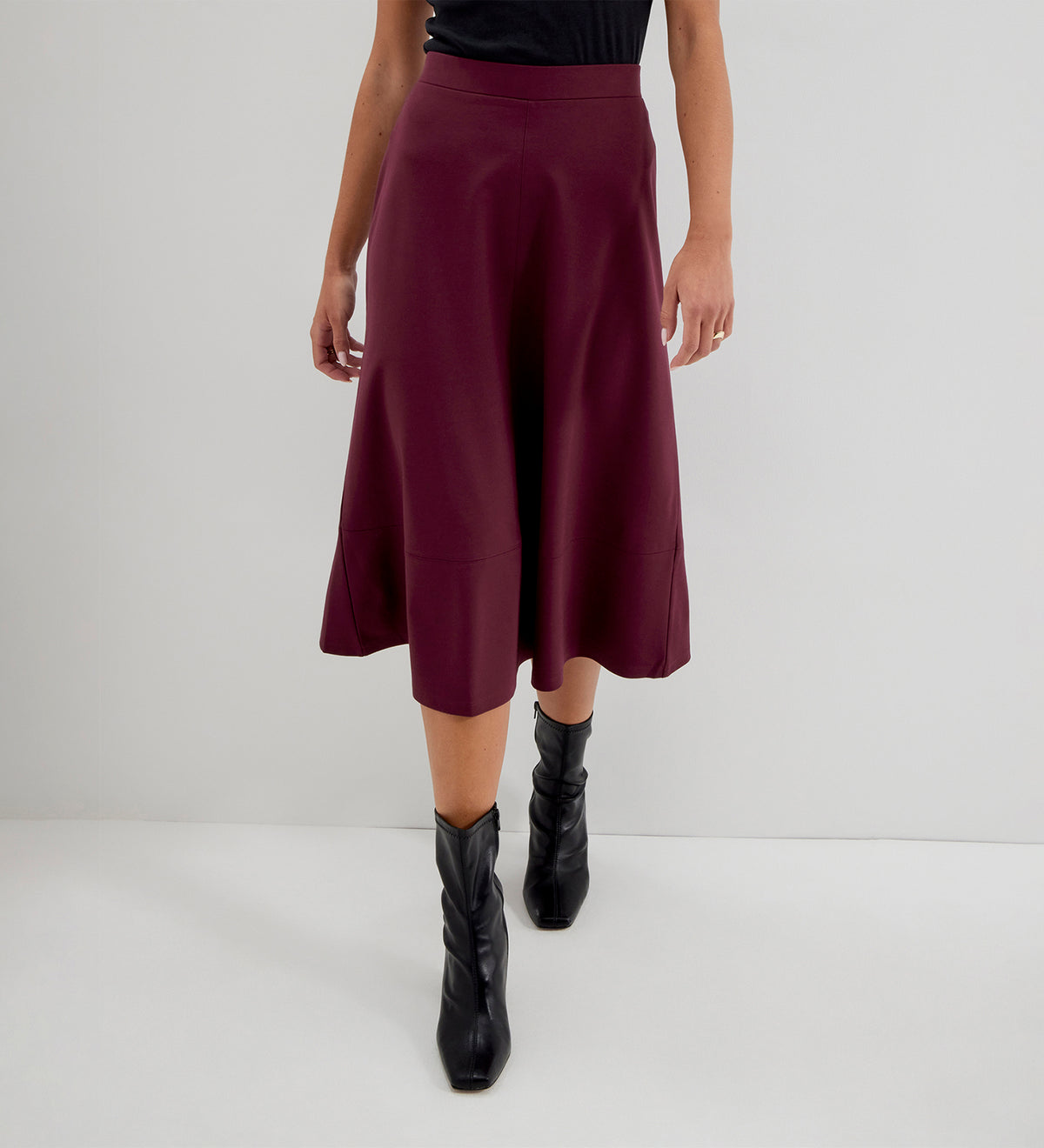 Mikia Burgundy Ponte Jersey Panelled A-Line Midi Skirt