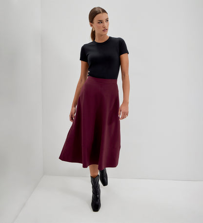 Mikia Burgundy Ponte Jersey Panelled A-Line Midi Skirt