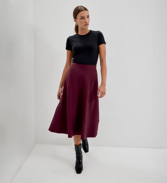 Mikia Burgundy Ponte Jersey Panelled A-Line Midi Skirt