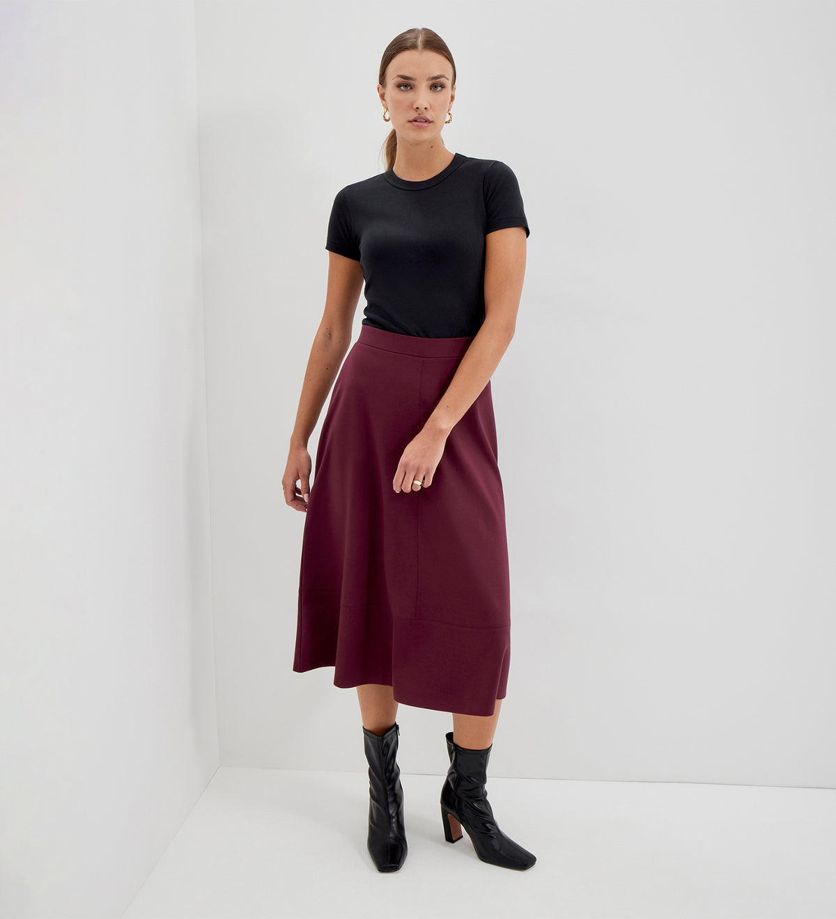 Mikia Burgundy Ponte Jersey Panelled A-Line Midi Skirt