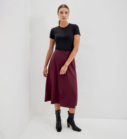 Mikia Burgundy Ponte Jersey Panelled A-Line Midi Skirt