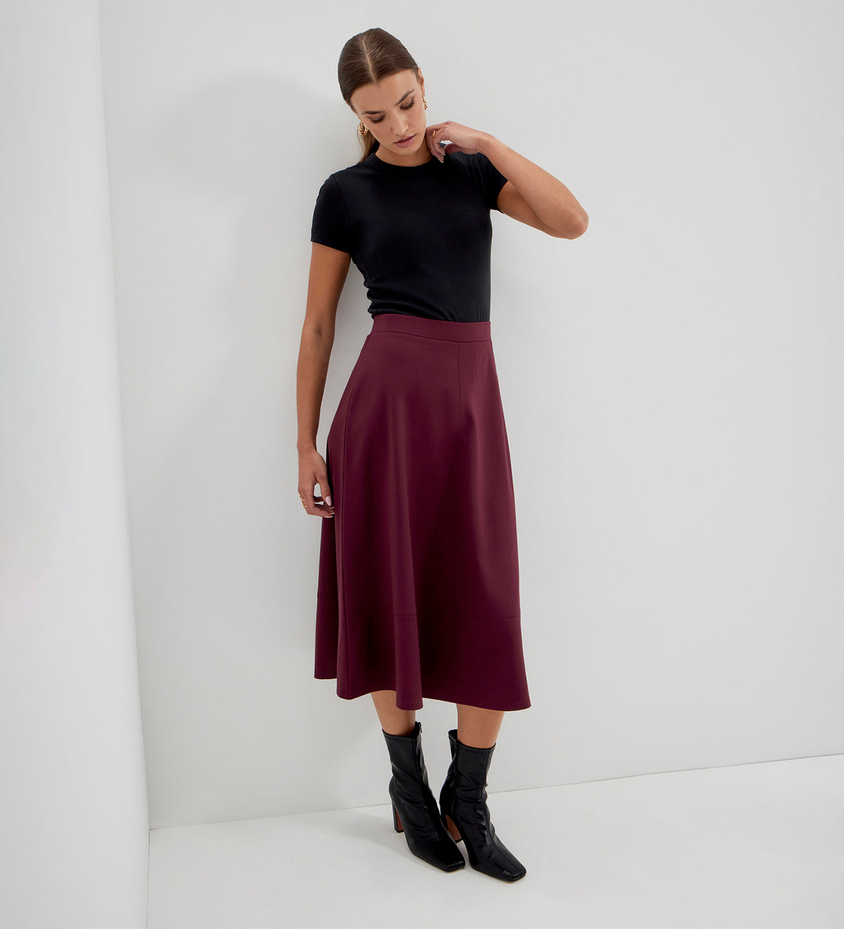 Mikia Burgundy Ponte Jersey Panelled A-Line Midi Skirt