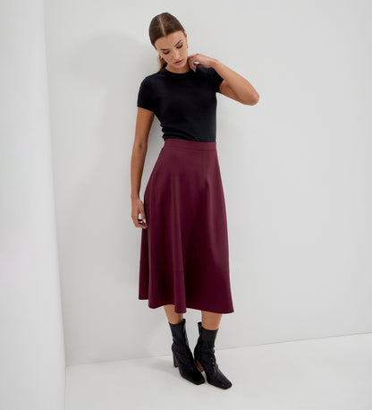 Mikia Burgundy Ponte Jersey Panelled A-Line Midi Skirt
