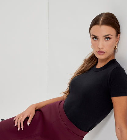 Mikia Burgundy Ponte Jersey Panelled A-Line Midi Skirt