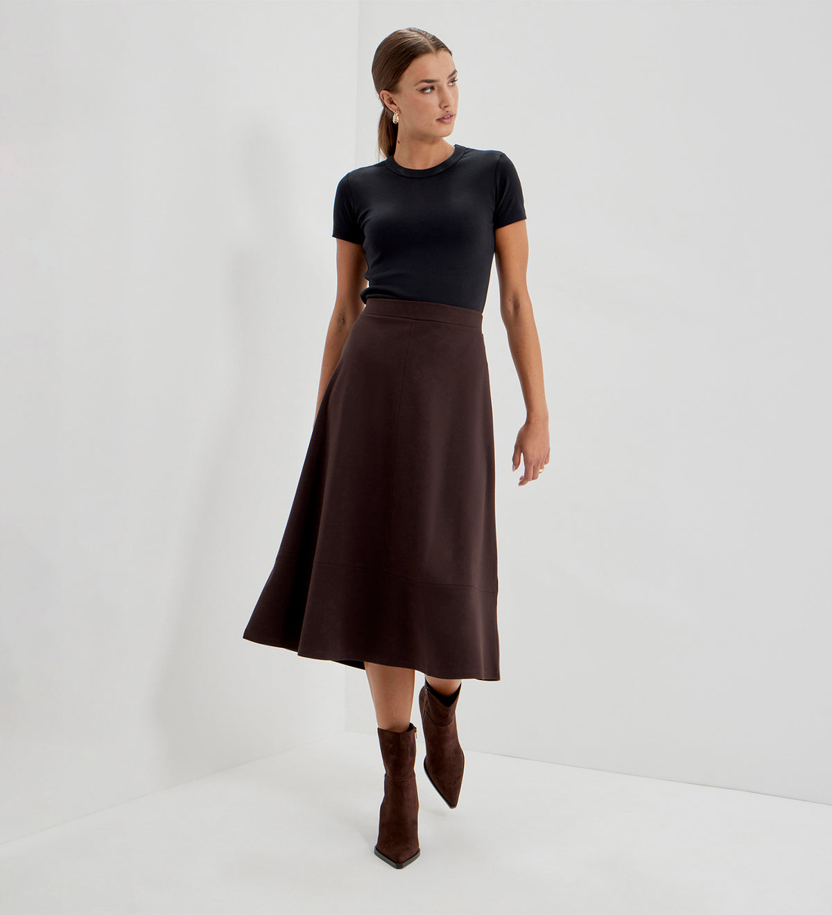 Mikia Chocolate Ponte Jersey Panelled A-Line Midi Skirt