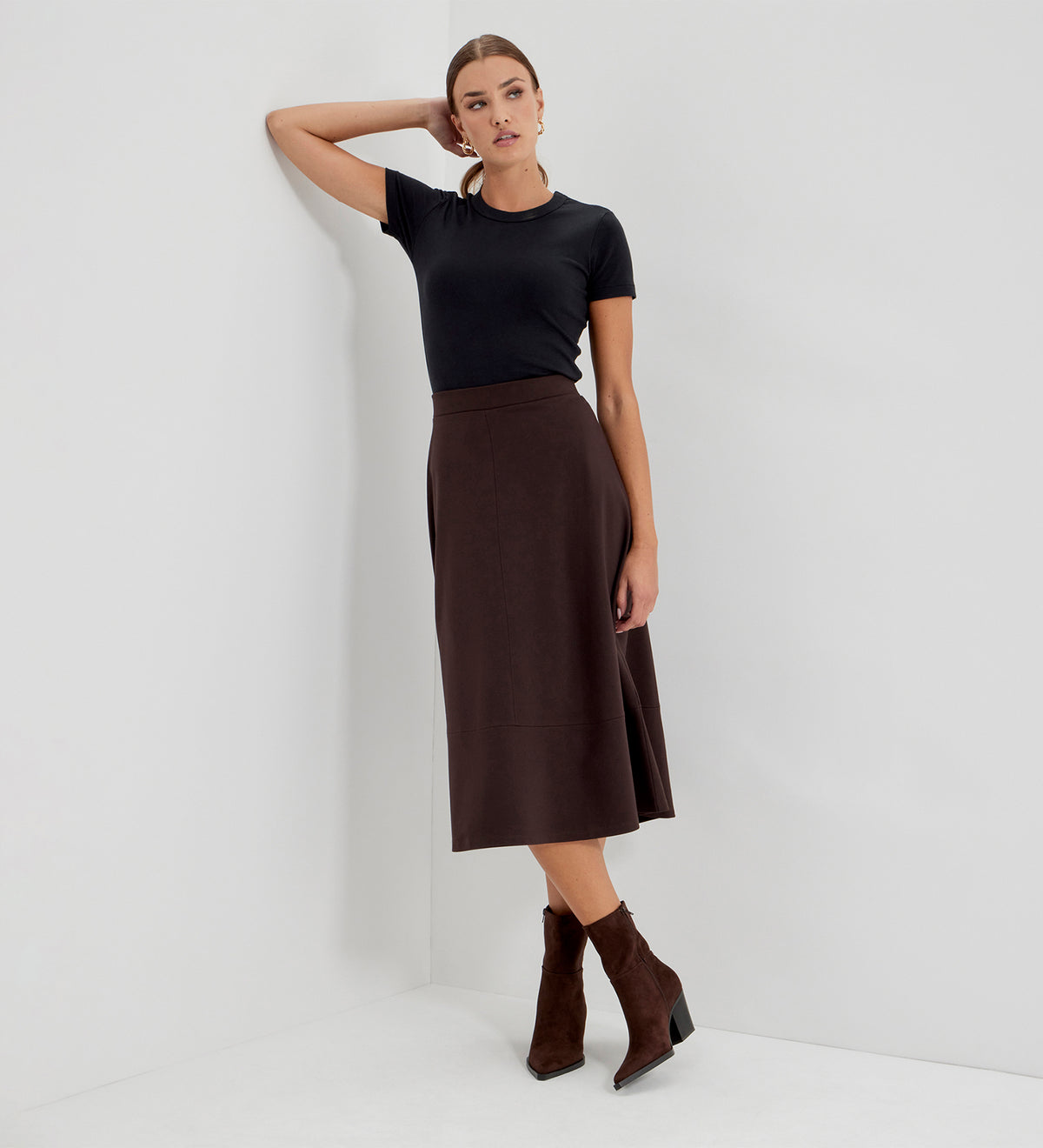 Mikia Chocolate Ponte Jersey Panelled A-Line Midi Skirt