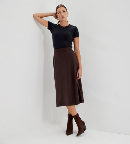 Mikia Chocolate Ponte Jersey Panelled A-Line Midi Skirt
