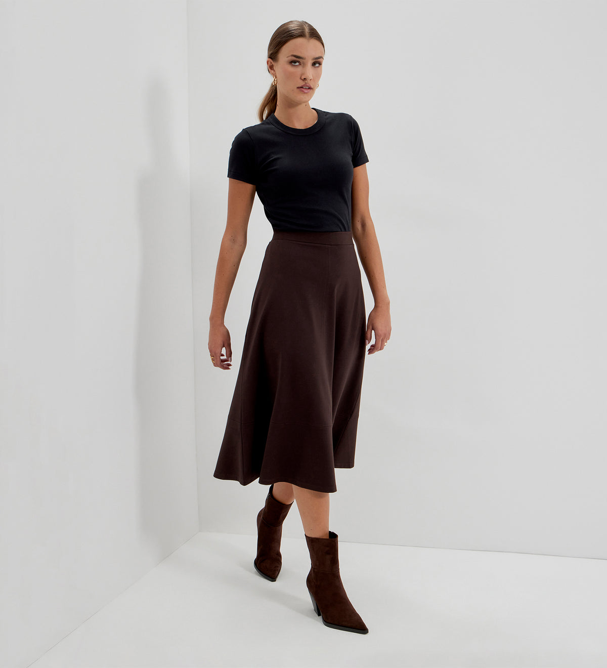 Mikia Chocolate Ponte Jersey Panelled A-Line Midi Skirt