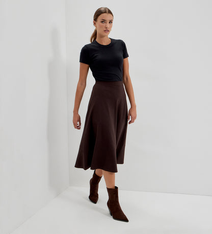 Mikia Chocolate Ponte Jersey Panelled A-Line Midi Skirt