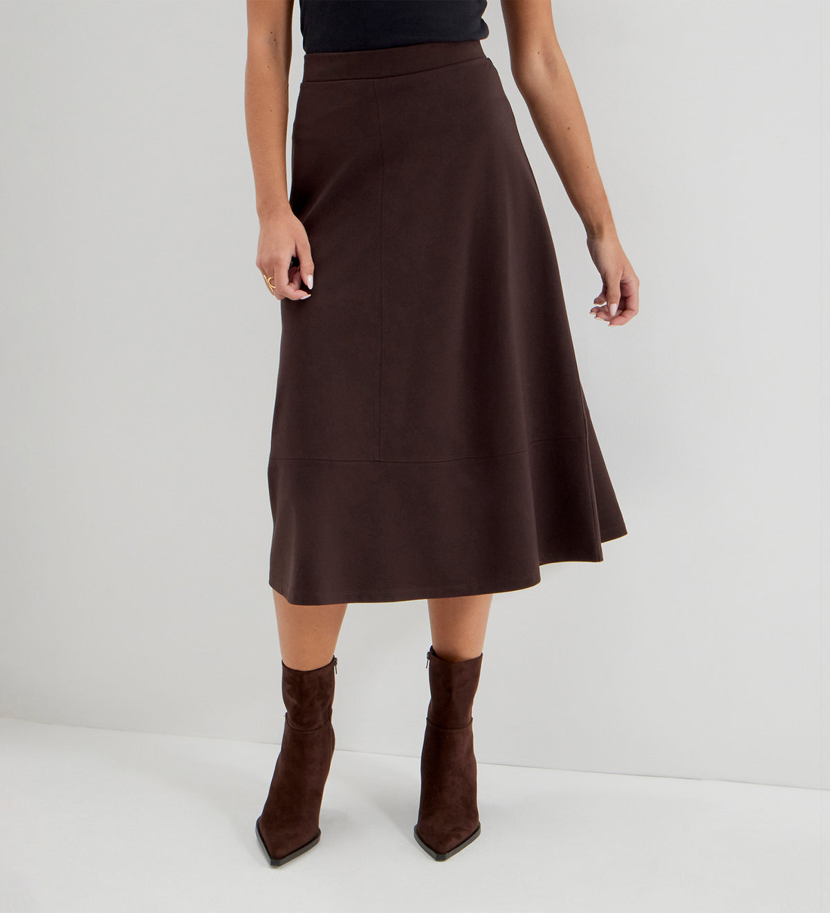 Mikia Chocolate Ponte Jersey Panelled A-Line Midi Skirt