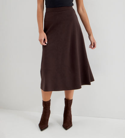 Mikia Chocolate Ponte Jersey Panelled A-Line Midi Skirt