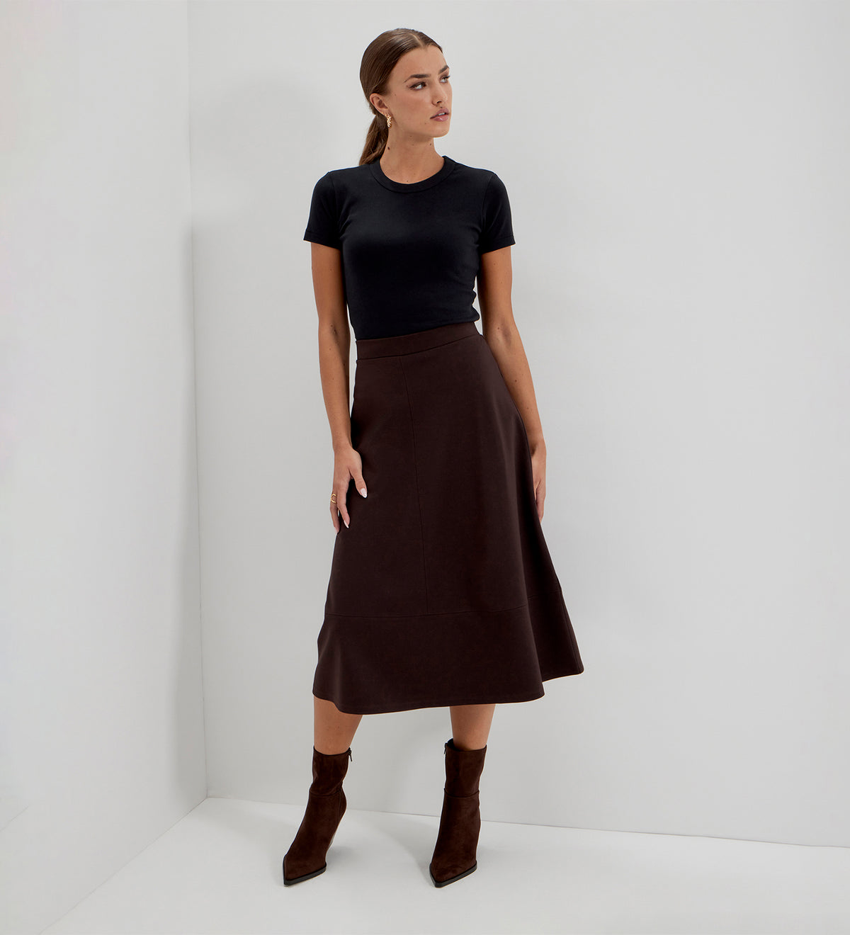 Mikia Chocolate Ponte Jersey Panelled A-Line Midi Skirt