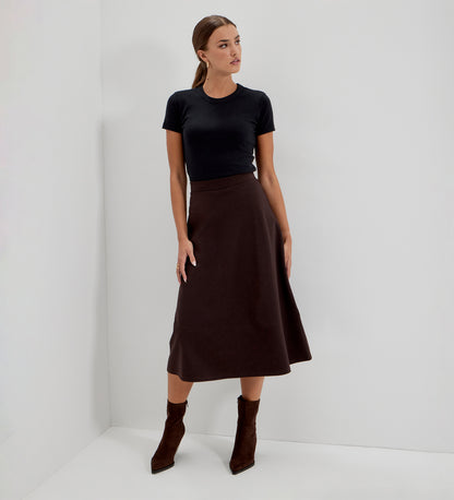 Mikia Chocolate Ponte Jersey Panelled A-Line Midi Skirt