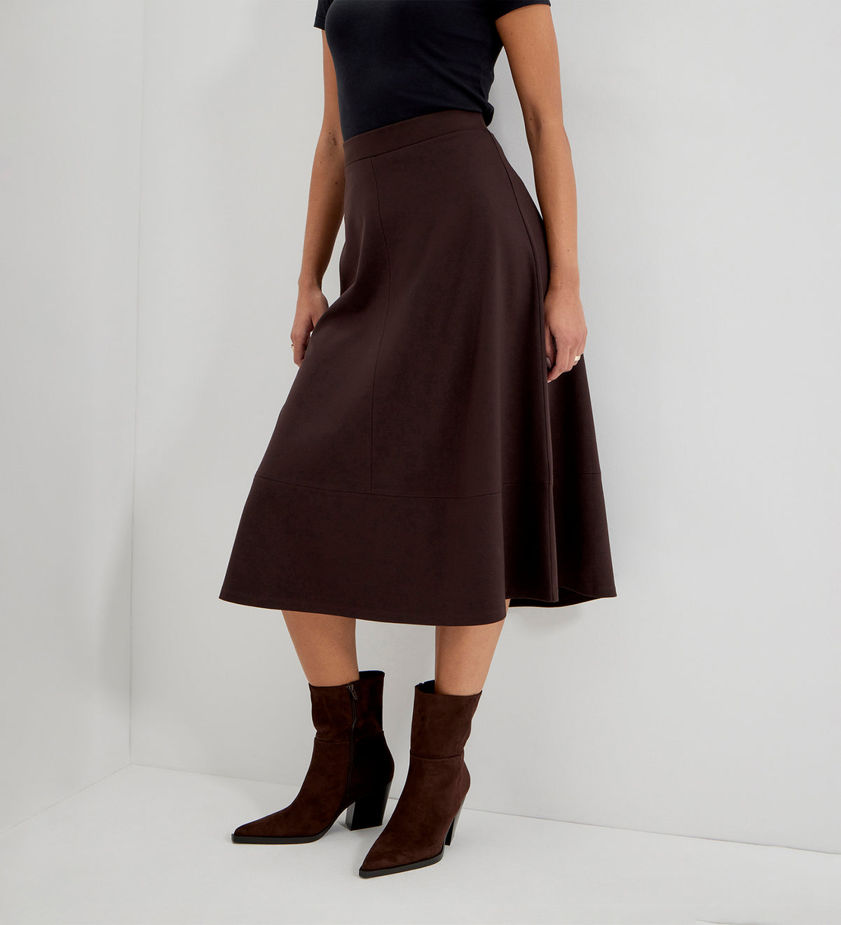 Mikia Chocolate Ponte Jersey Panelled A-Line Midi Skirt