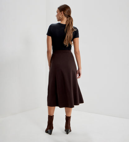 Mikia Chocolate Ponte Jersey Panelled A-Line Midi Skirt