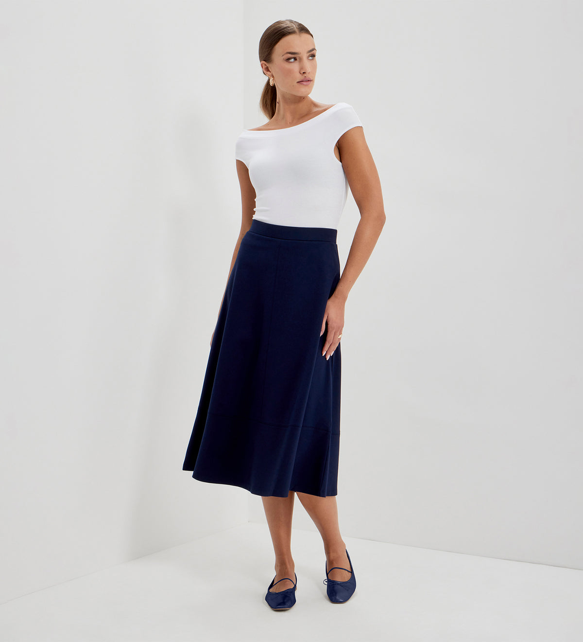 Mikia Navy Ponte Jersey Panelled A-Line Midi Skirt