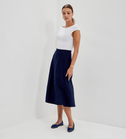 Mikia Navy Ponte Jersey Panelled A-Line Midi Skirt