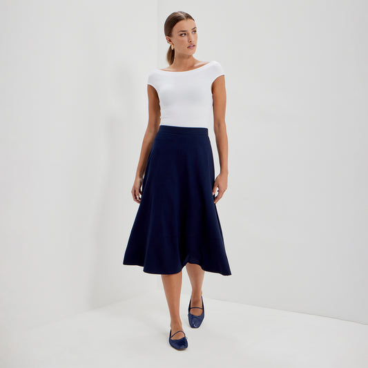 Mikia Navy Ponte Jersey A-Line Elasticated Waist Midi Skirt