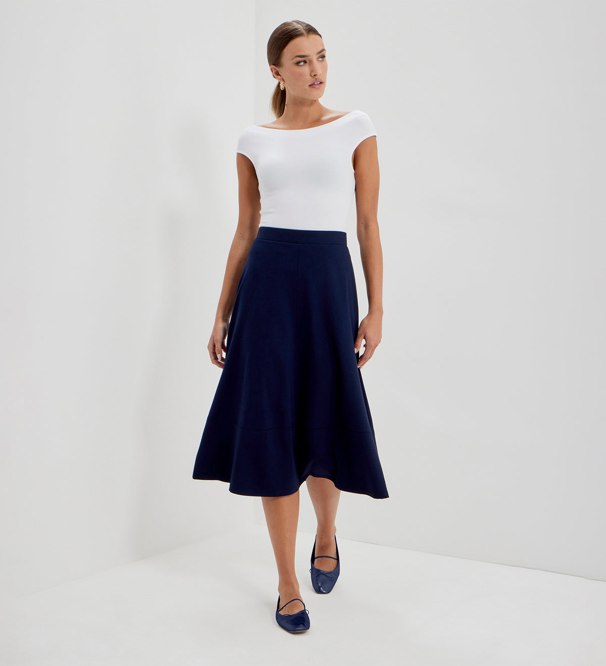 Mikia Navy Ponte Jersey Panelled A-Line Midi Skirt