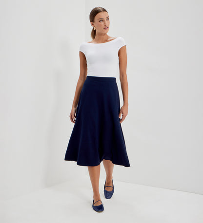 Mikia Navy Ponte Jersey Panelled A-Line Midi Skirt