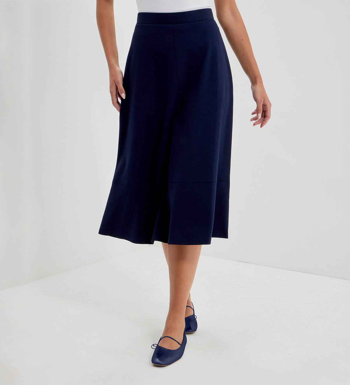 Mikia Navy Ponte Jersey Panelled A-Line Midi Skirt