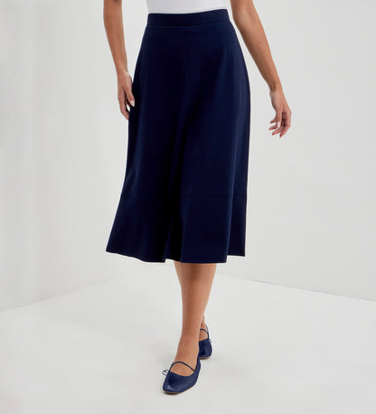 Mikia Navy Ponte Jersey Panelled A-Line Midi Skirt