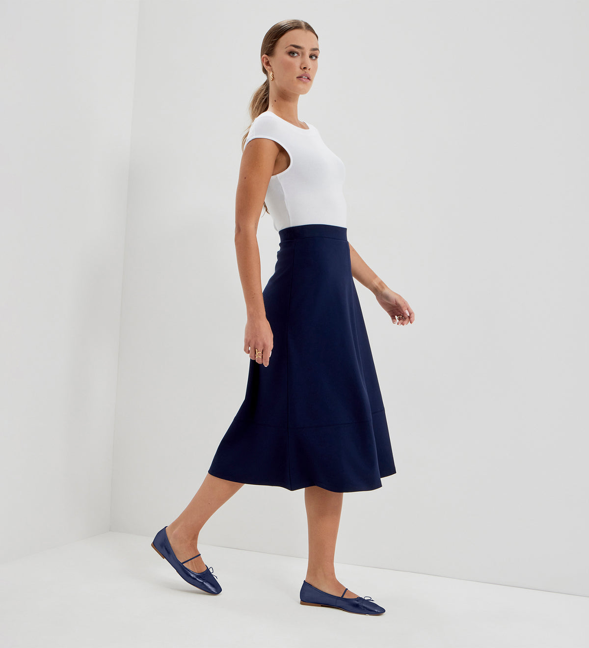 Mikia Navy Ponte Jersey Panelled A-Line Midi Skirt