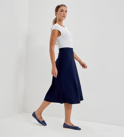 Mikia Navy Ponte Jersey Panelled A-Line Midi Skirt