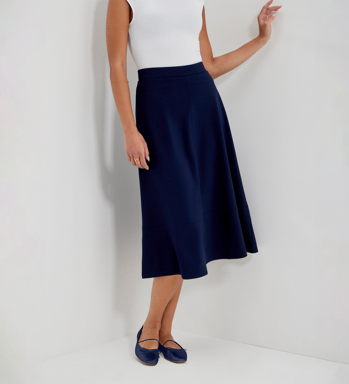 Mikia Navy Ponte Jersey Panelled A-Line Midi Skirt