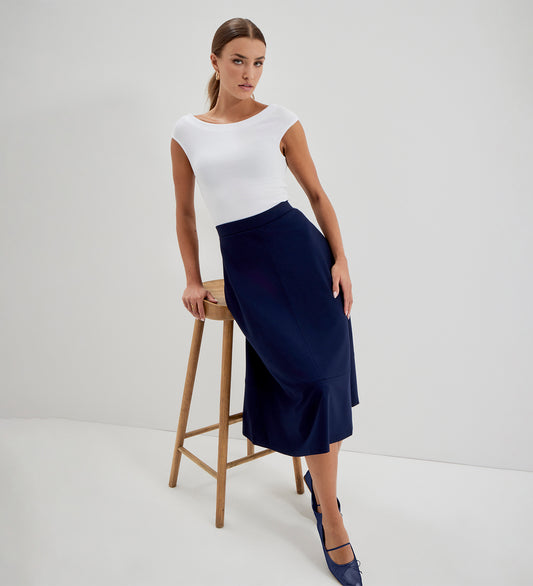 Mikia Navy Ponte Jersey Panelled A-Line Midi Skirt