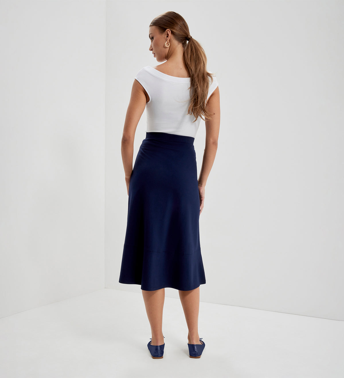 Mikia Navy Ponte Jersey Panelled A-Line Midi Skirt