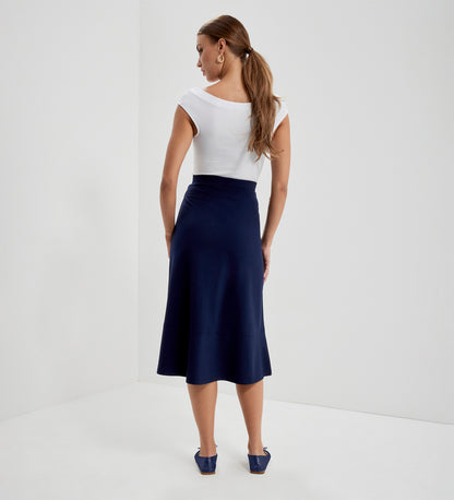 Mikia Navy Ponte Jersey Panelled A-Line Midi Skirt
