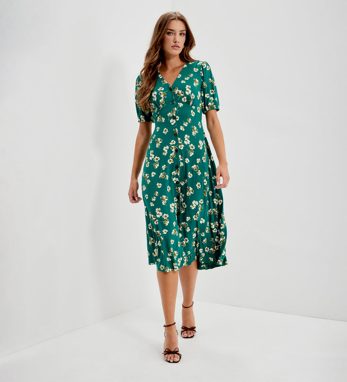 Milena Green Poppies Jersey Midi Dress