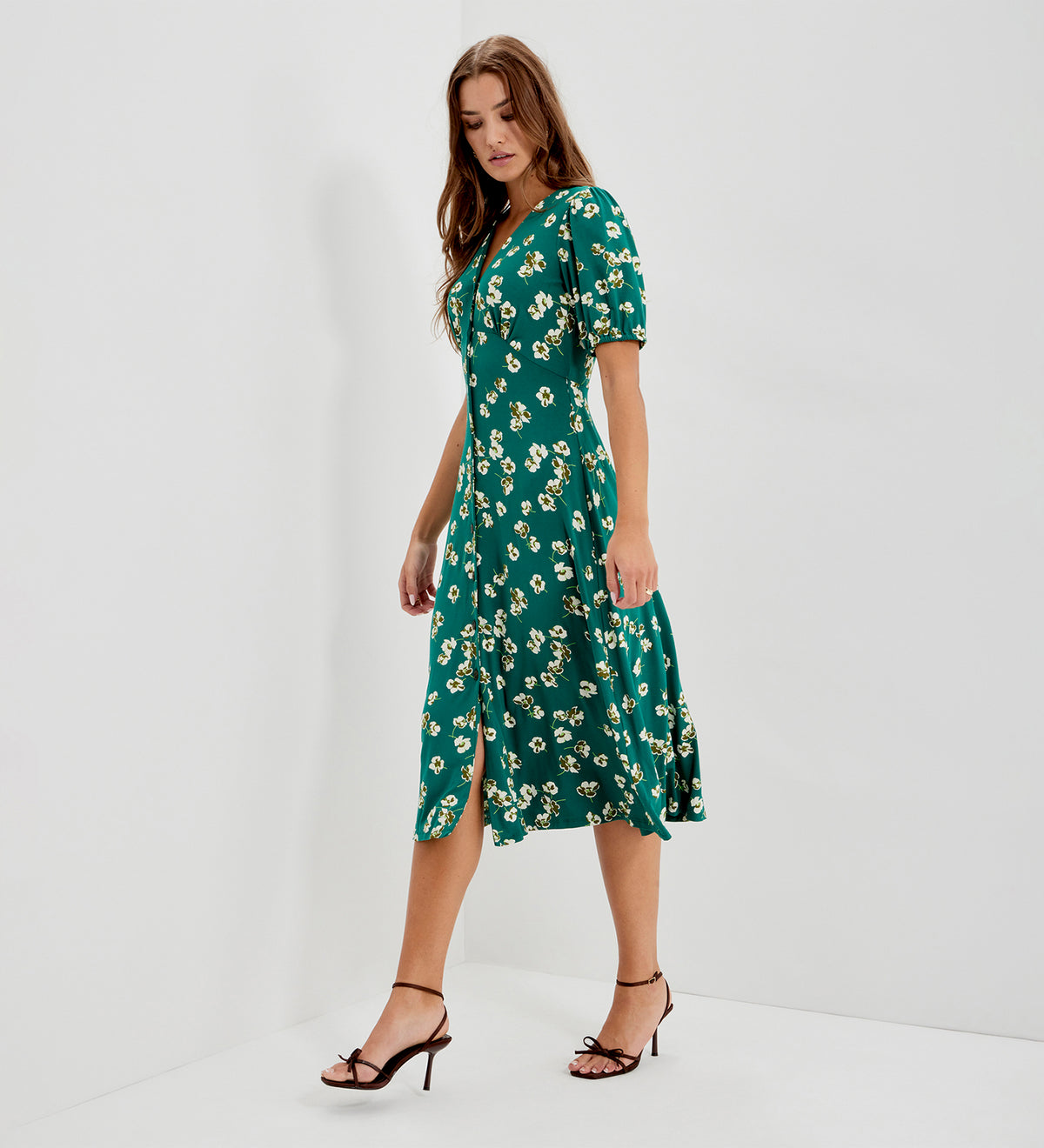 Milena Green Poppies Jersey Midi Dress