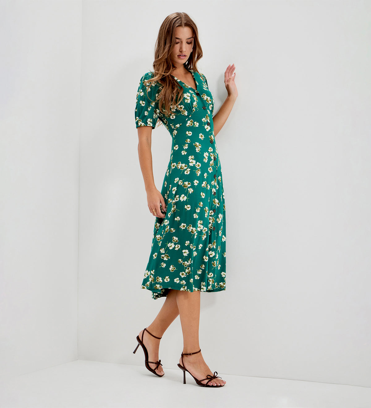 Milena Green Poppies Jersey Midi Dress