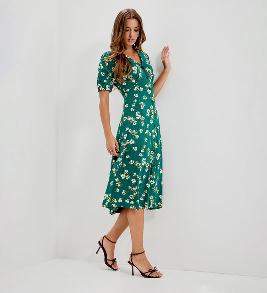 Milena Green Poppies Jersey Midi Dress