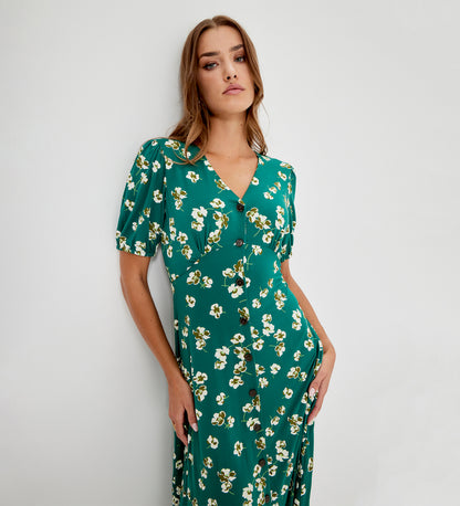 Milena Green Poppies Jersey Midi Dress