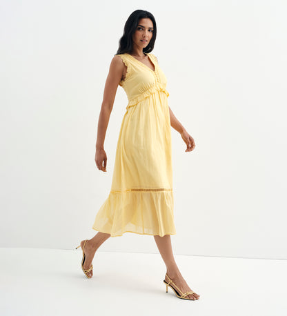 Myriam Yellow Cotton Lace Sleeveless Tiered Midi Dress
