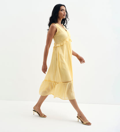 Myriam Yellow Cotton Lace Sleeveless Tiered Midi Dress