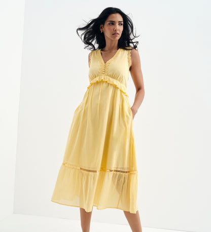 Myriam Yellow Cotton Lace Sleeveless Tiered Midi Dress