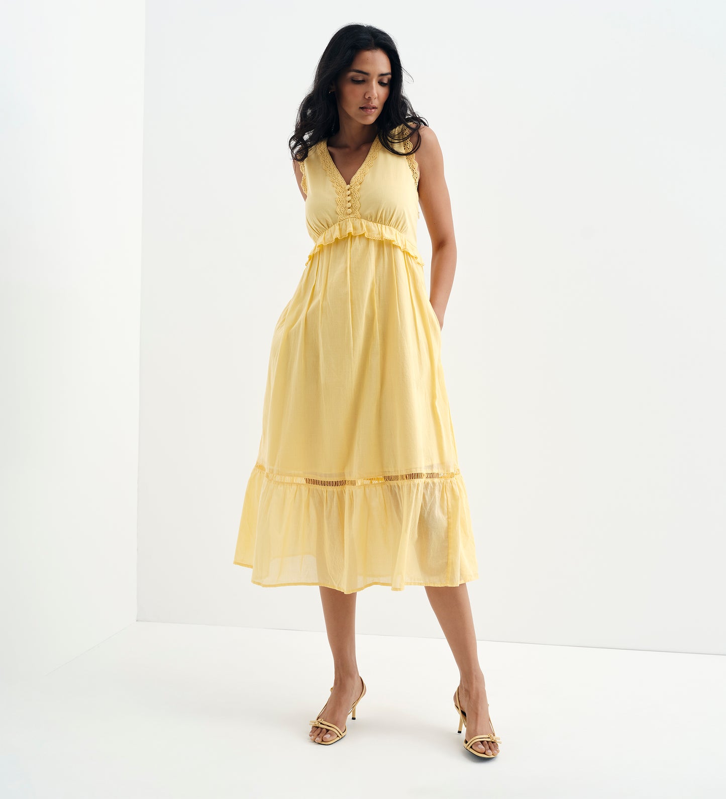 Myriam Yellow Cotton Lace Sleeveless Tiered Midi Dress