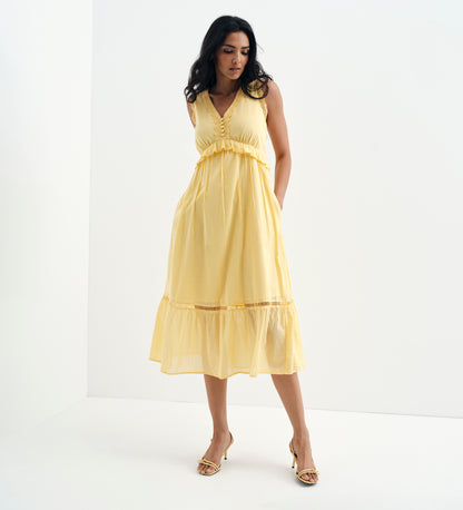 Myriam Yellow Cotton Lace Sleeveless Tiered Midi Dress