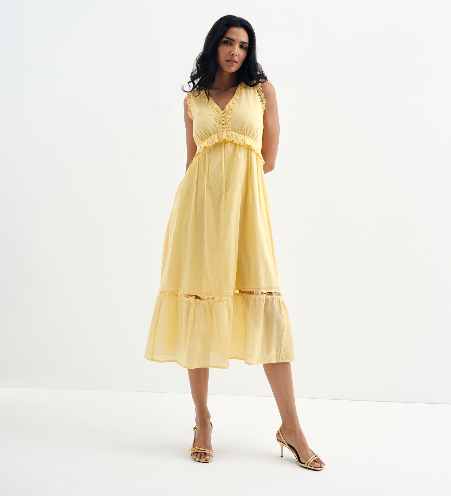 Myriam Yellow Cotton Lace Sleeveless Tiered Midi Dress