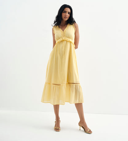 Myriam Yellow Cotton Lace Sleeveless Tiered Midi Dress