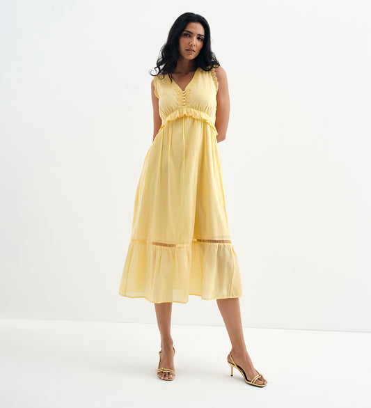 Myriam Yellow Cotton Lace Sleeveless Tiered Midi Dress