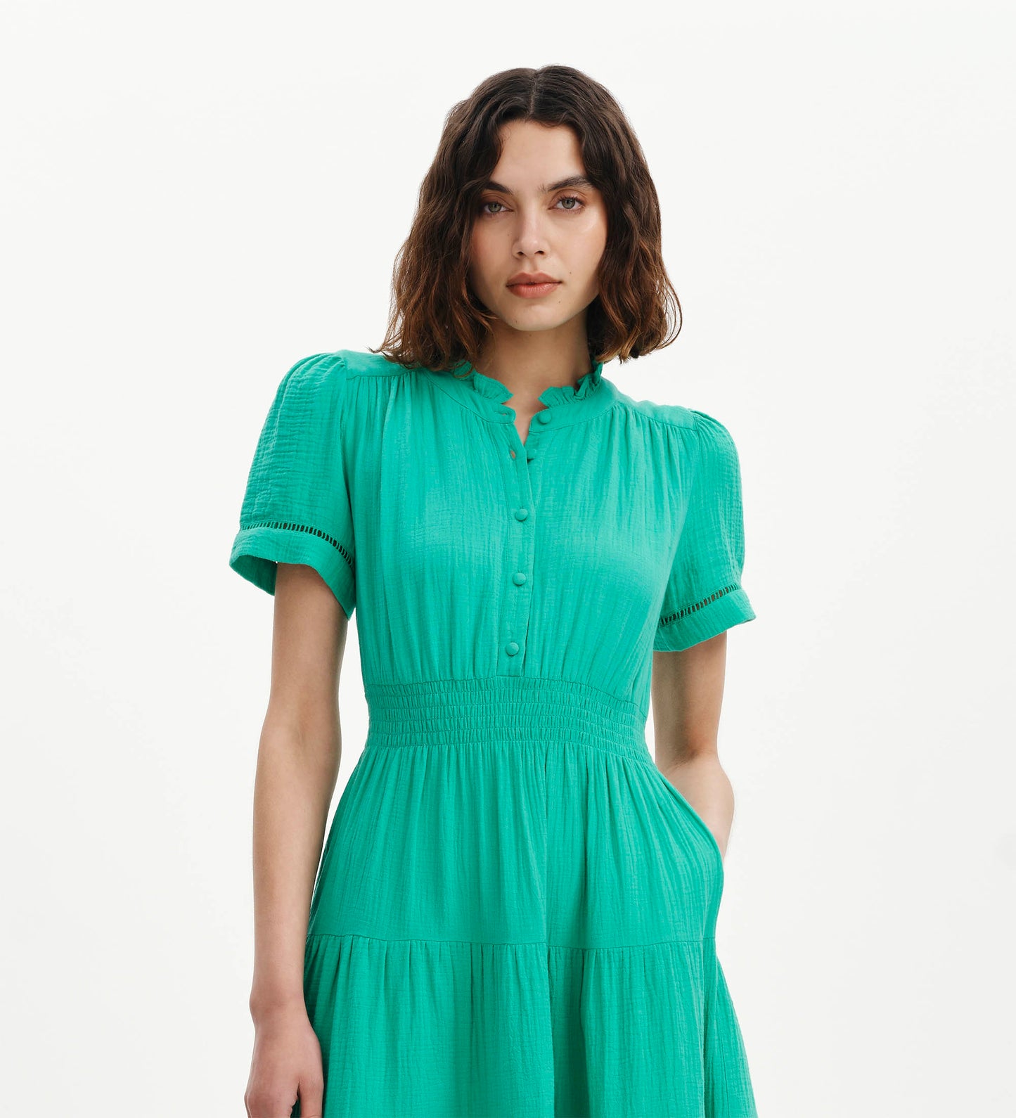 Natalia Green Cotton Gauze Tiered Midi Dress