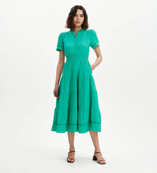 Natalia Green Cotton Gauze Tiered Midi Dress