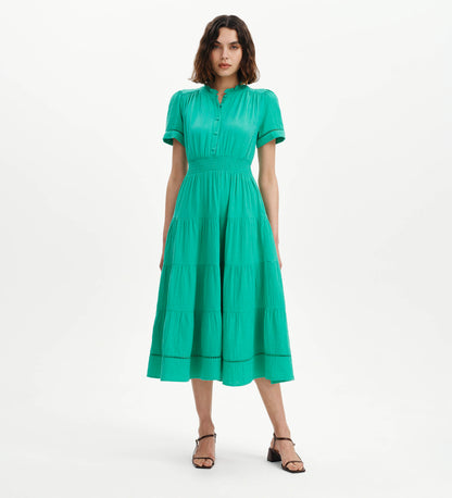 Natalia Green Cotton Gauze Tiered Midi Dress